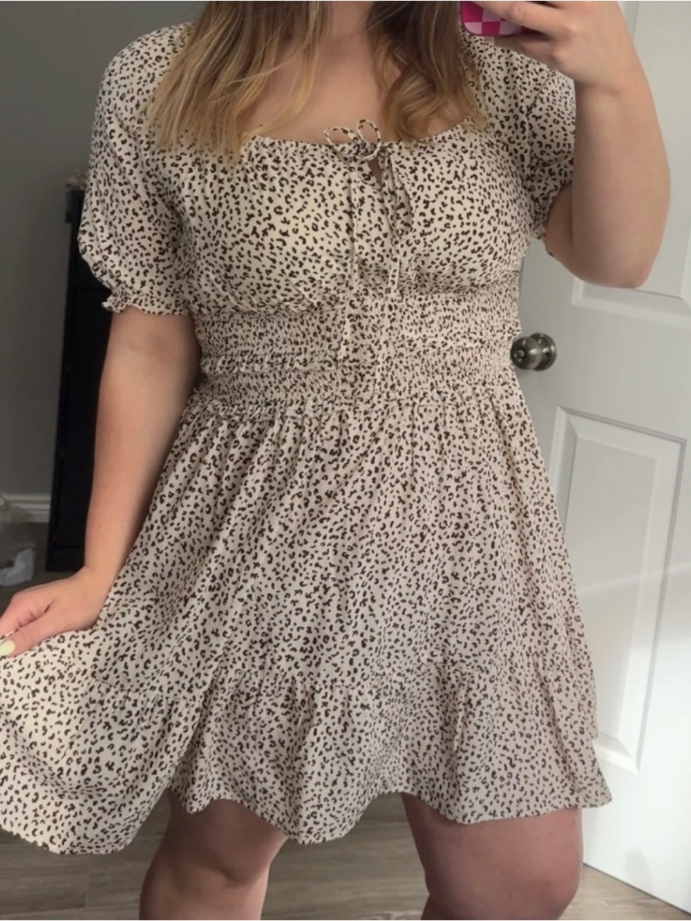 🐠 ODDY Beige Leopard Dot Smocked Mini Dress
